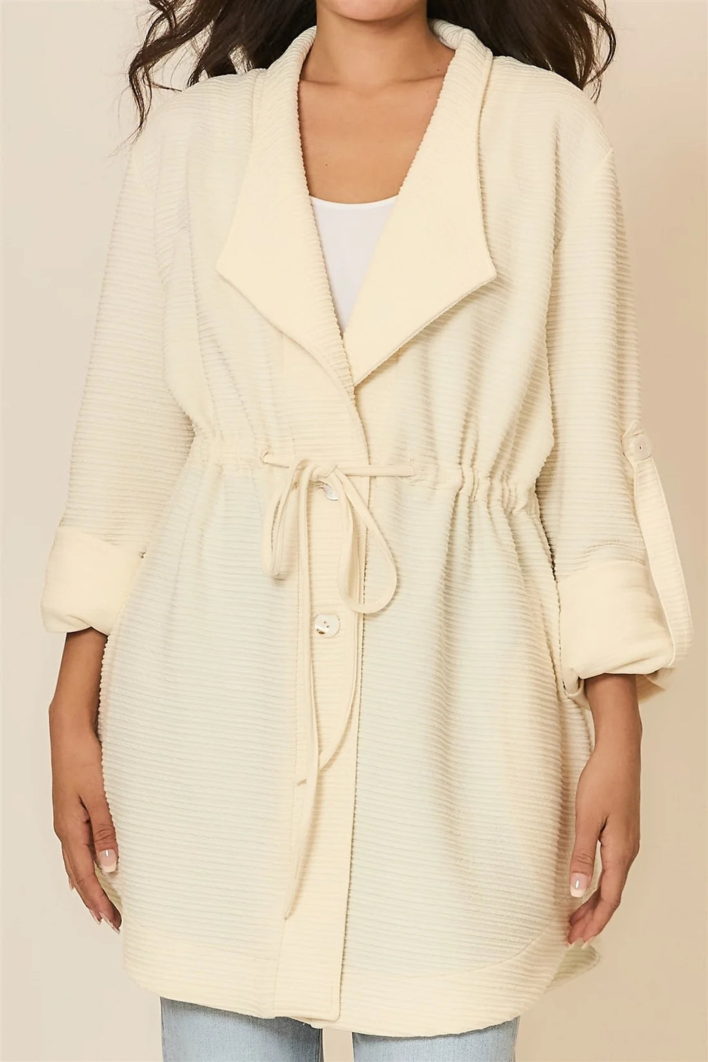 Crinkle Rib Textured Jacket- Cream