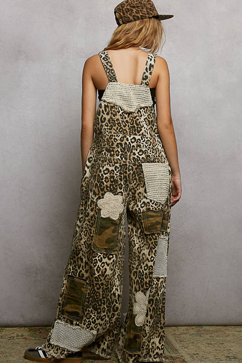 Multi Patch Wide Leg Cheetah Print Overalls