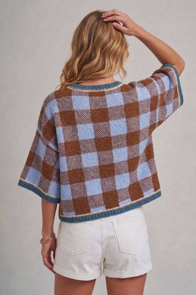 Checkered Gingham Sweater- Blue/Brown