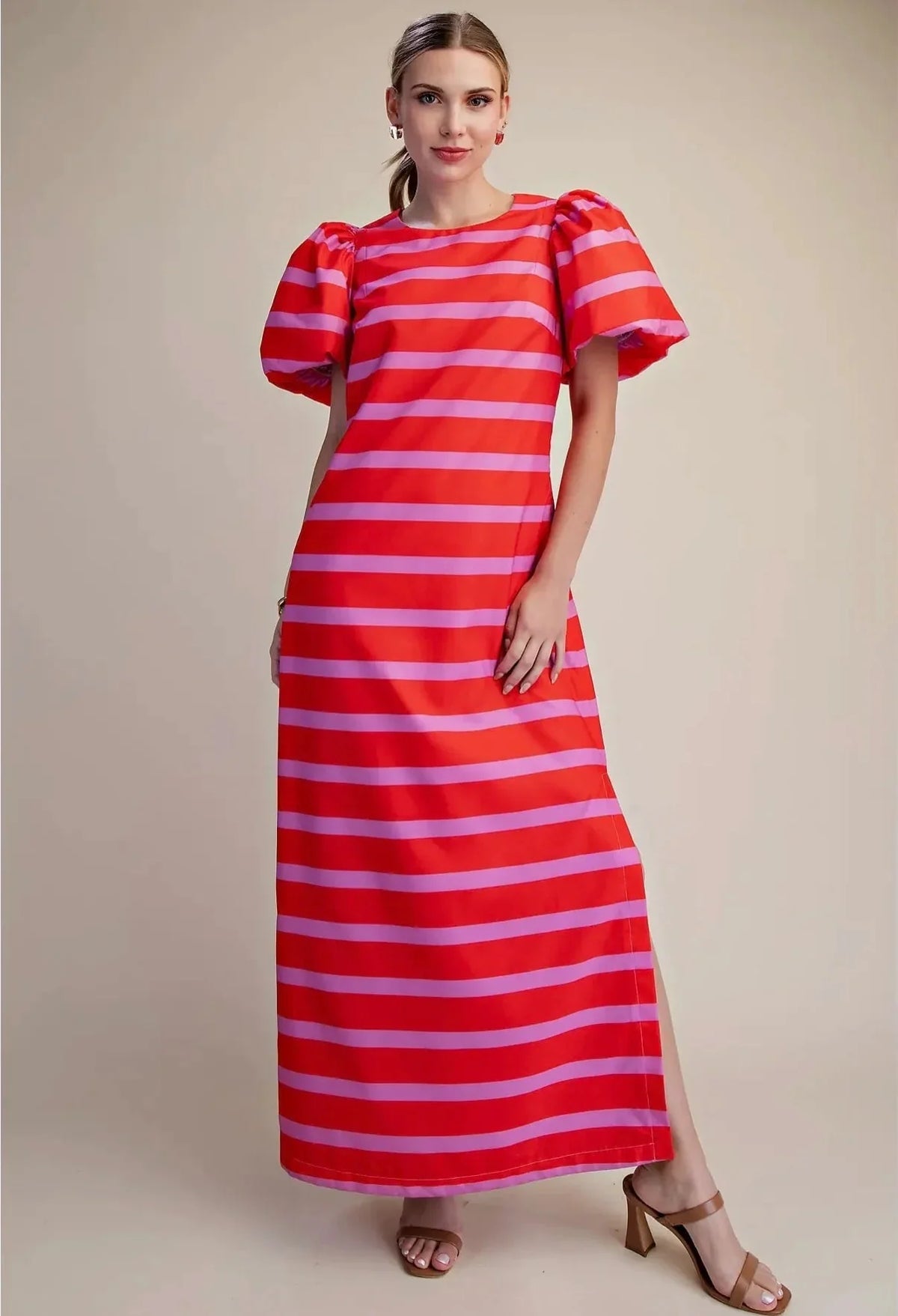 Puff-Sleeve Side Slit Maxi Dress- Pink/Red