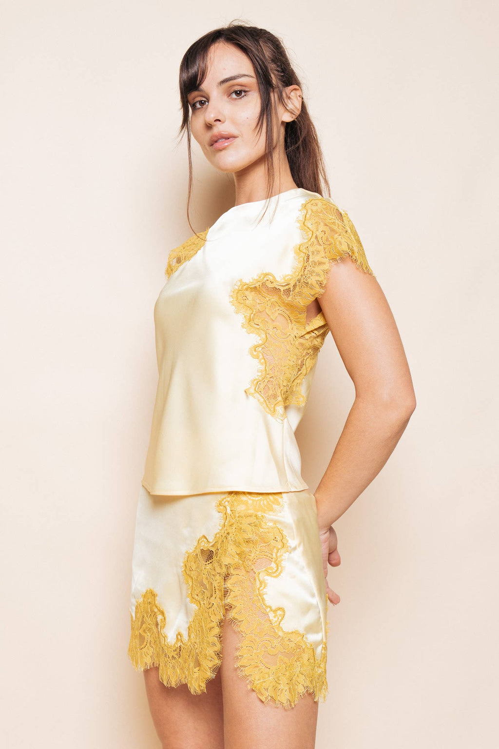 Lace Trimmed Mini Skirt- Gold