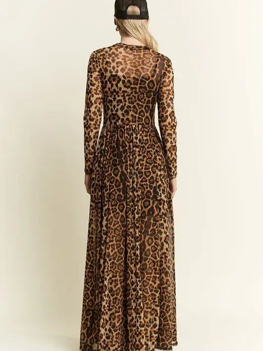 Animal Print Mesh Mock Maxi Dress- Mocha Brown