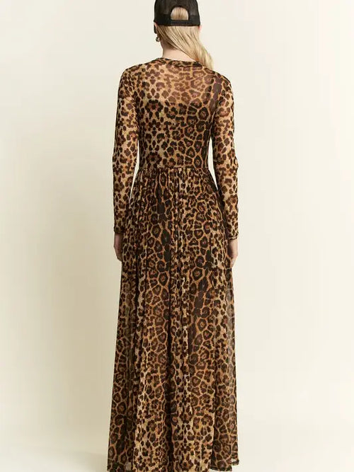Animal Print Mesh Mock Maxi Dress- Mocha Brown