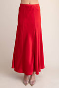 Fitted & Flare Mermaid Silhouette Satin Midi Skirt- Red