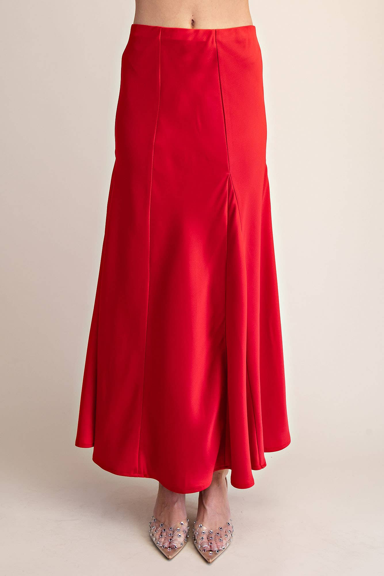 Fitted & Flare Mermaid Silhouette Satin Midi Skirt- Red