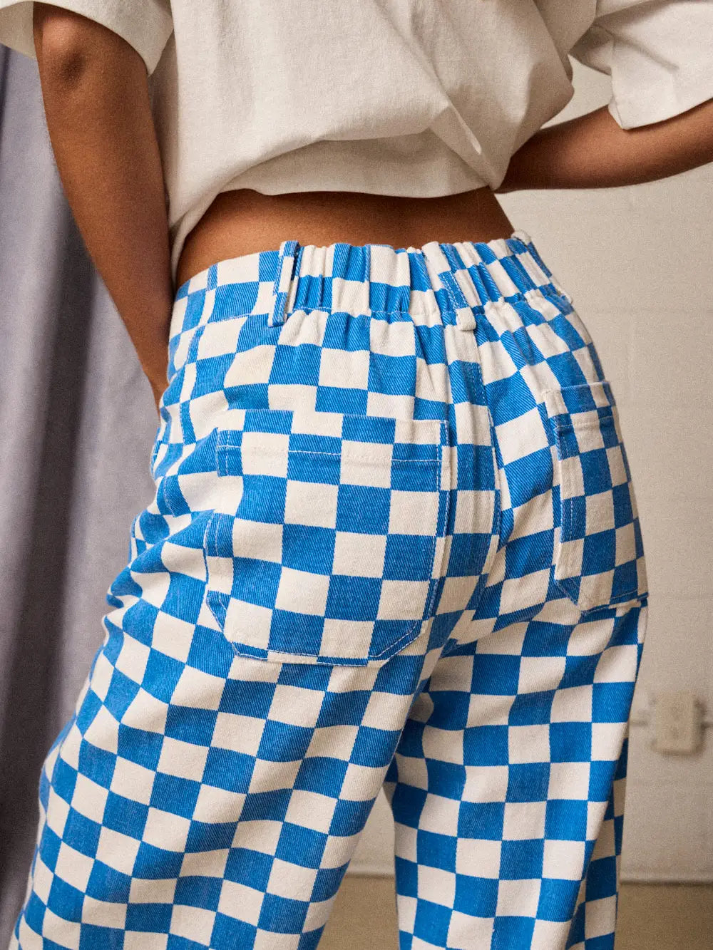 Checkered Jeans with Elastic Band- Blue/White