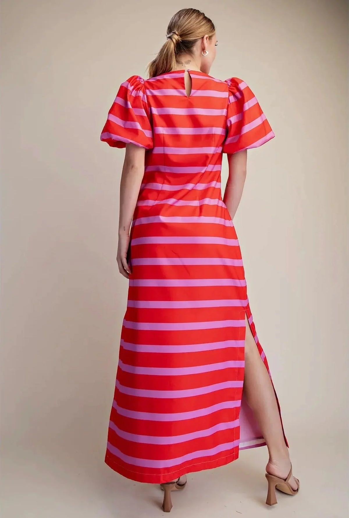 Puff-Sleeve Side Slit Maxi Dress- Pink/Red