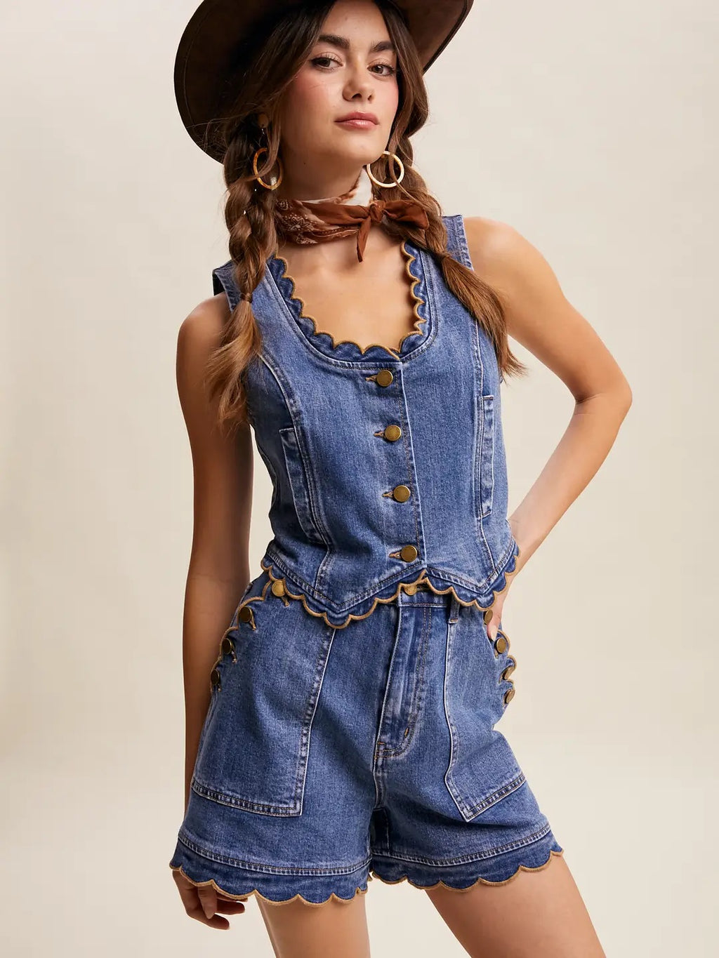 Scallop Trim High Waisted Denim Shorts
