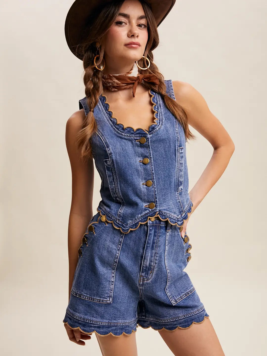 Scallop Trim High Waisted Denim Shorts