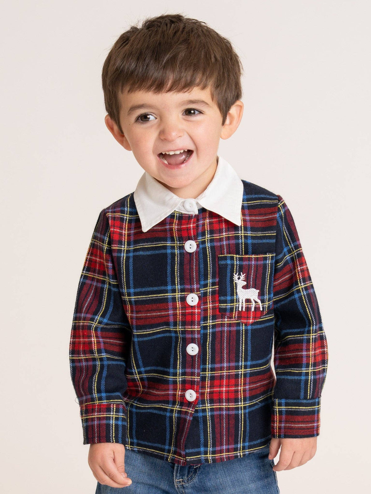 Christmas Reindeer Plaid Button-Up Shirt- Red/Blue