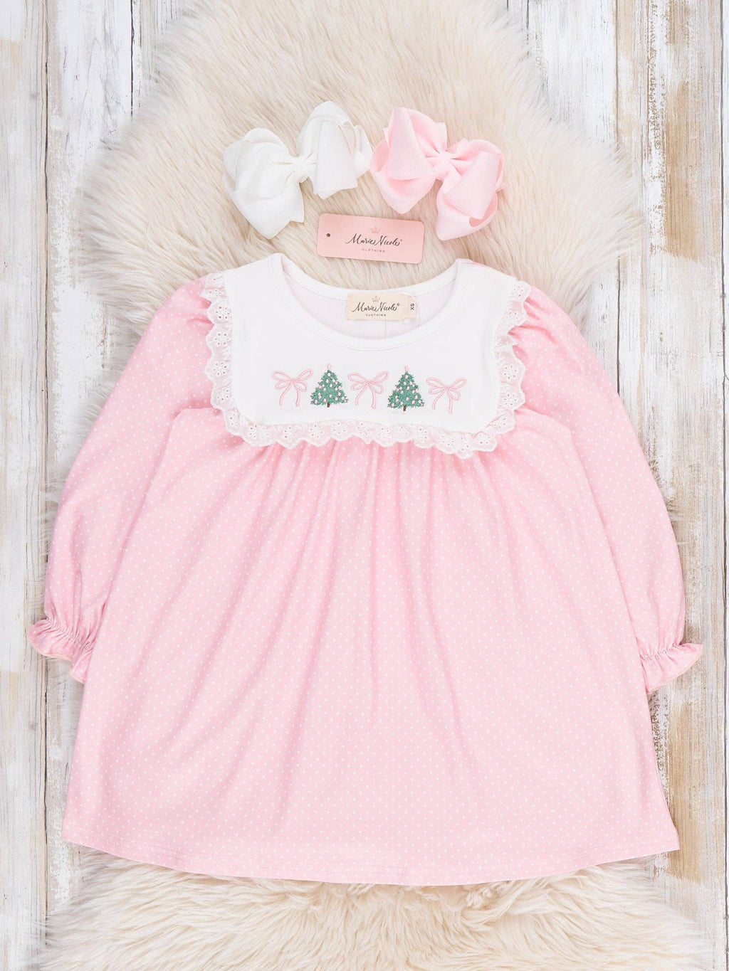 Christmas Tree Bow Embroidered Dress- Pink/White