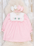 Christmas Tree Bow Embroidered Dress- Pink/White