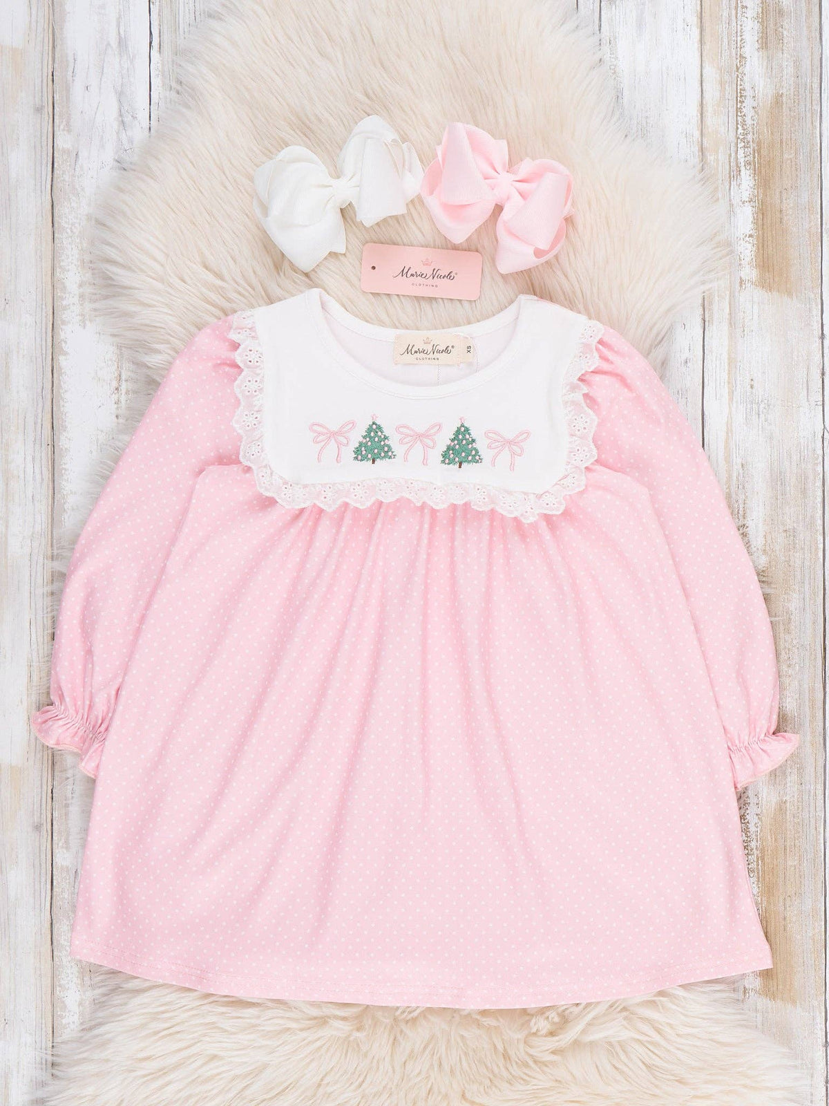 Christmas Tree Bow Embroidered Dress- Pink/White