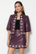Vegan Leather Grommet Trim Jacket- Wine