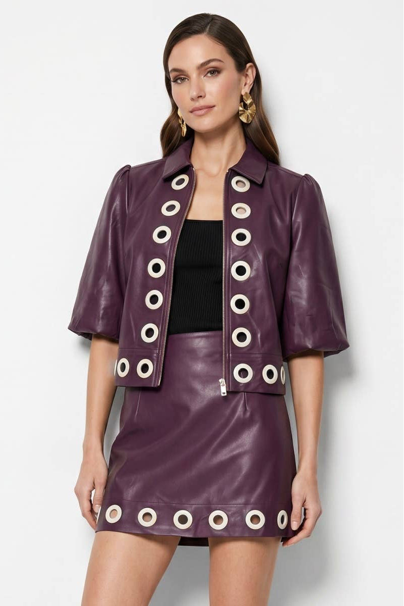 Vegan Leather Grommet Trim Jacket- Wine