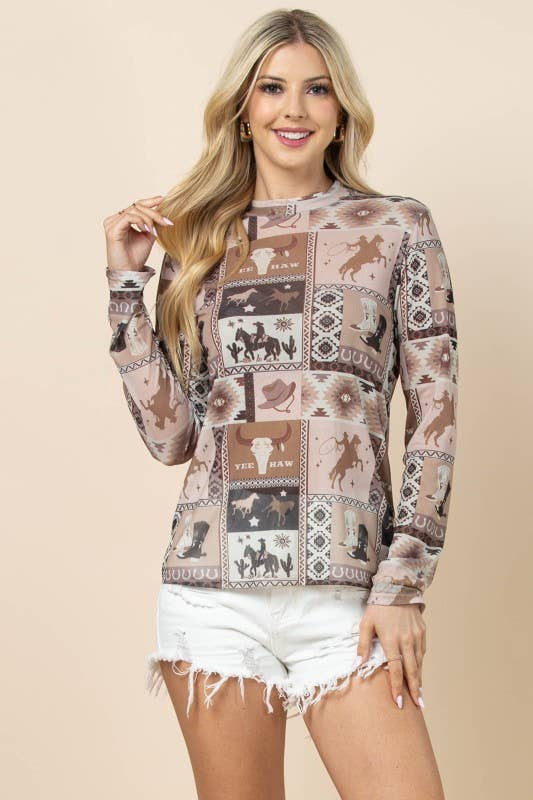 Western Semi Sheer Long Sleeve Mesh Top