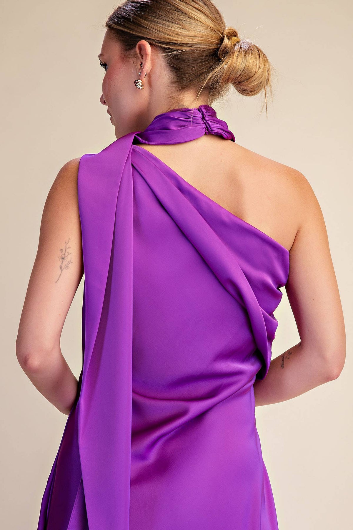 Mock Neck One Shoulder Sleeveless Satin Maxi Dress