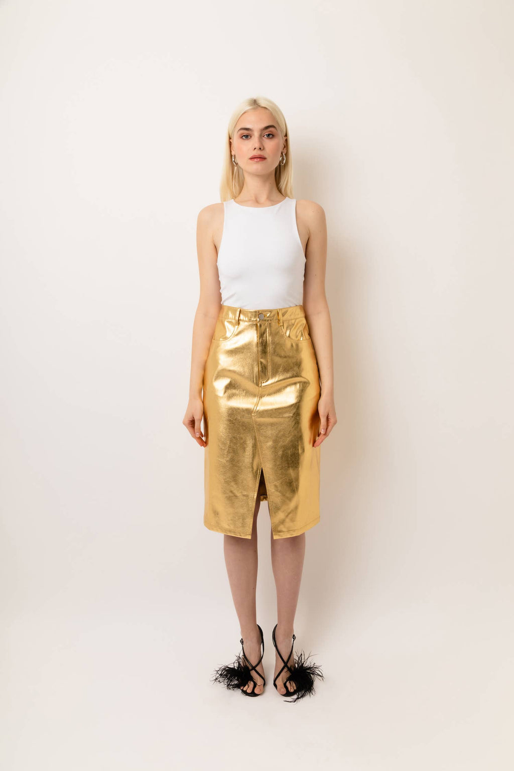 High Waist Metallic Knee Length Skirt