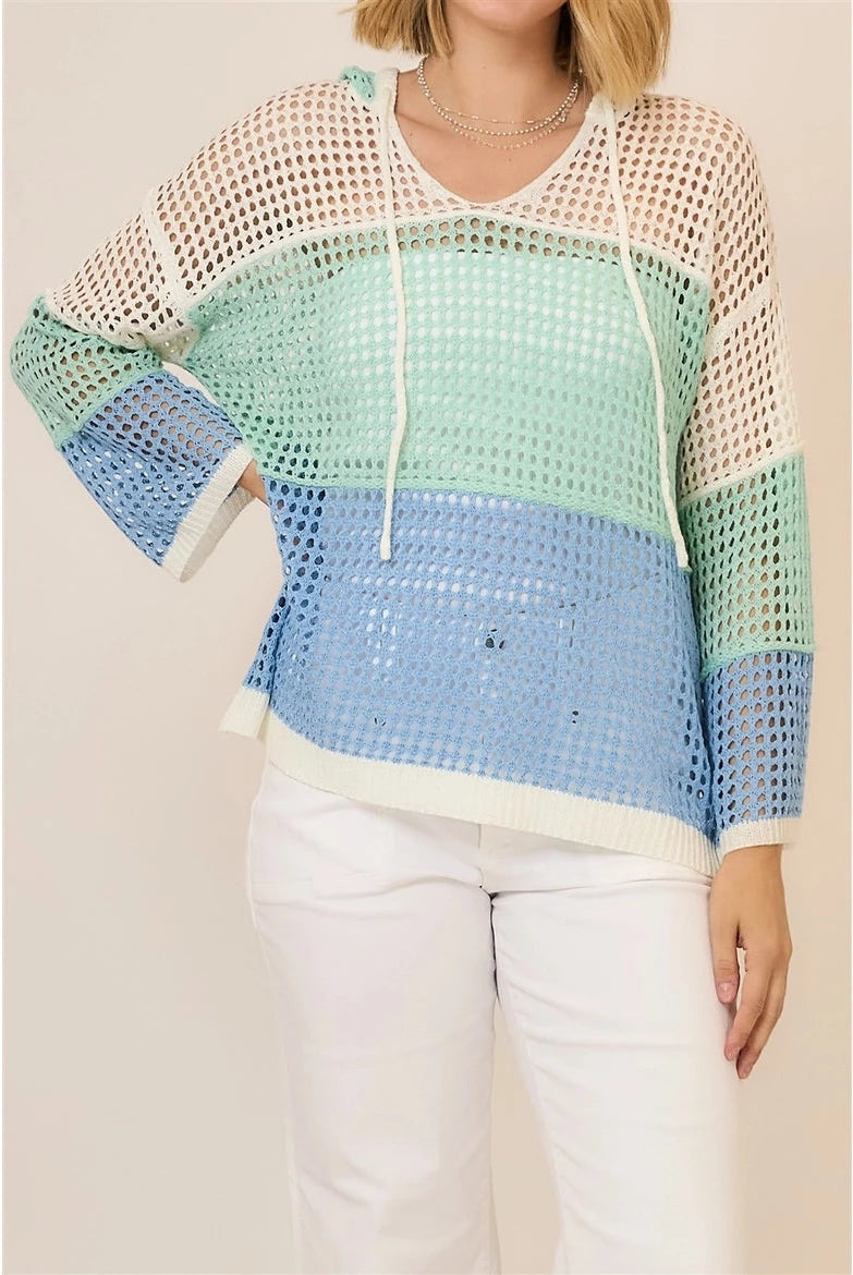 Plus Size Open Knit Color Block Hood Sweater