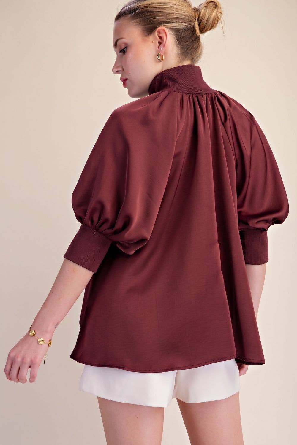 Mock Neck Half Zip Blouse- Burgundy