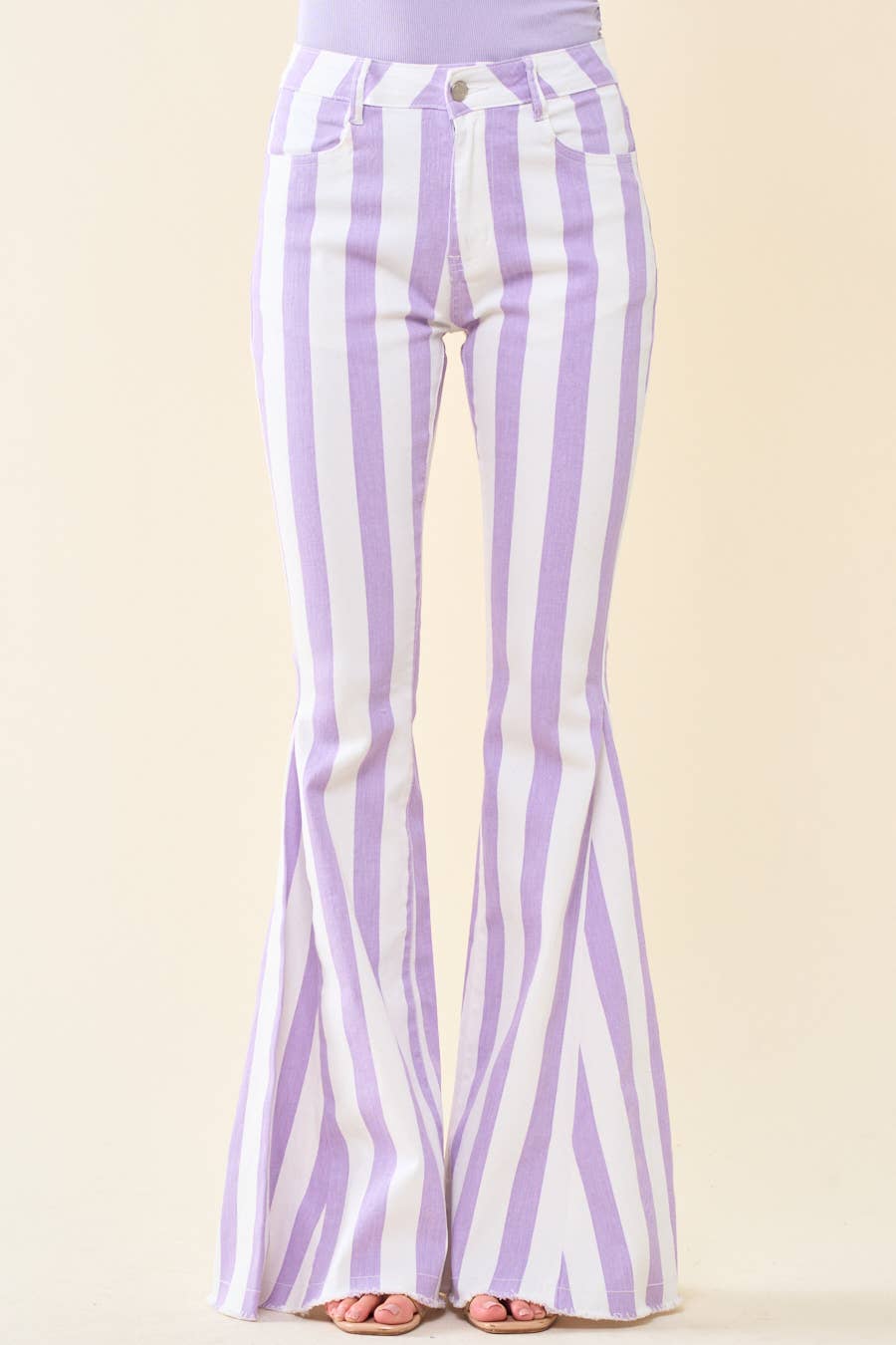 Striped Washed Denim Bell Bottoms- Purple/White