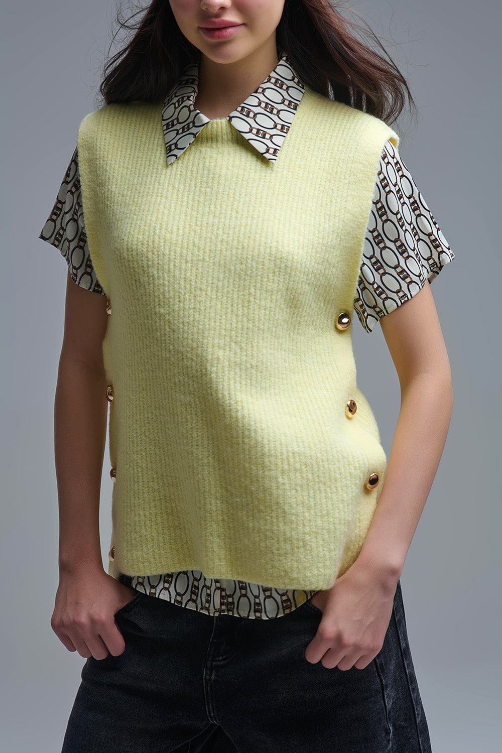 Sleeveless Sweater with Gold Buttons- Yellow