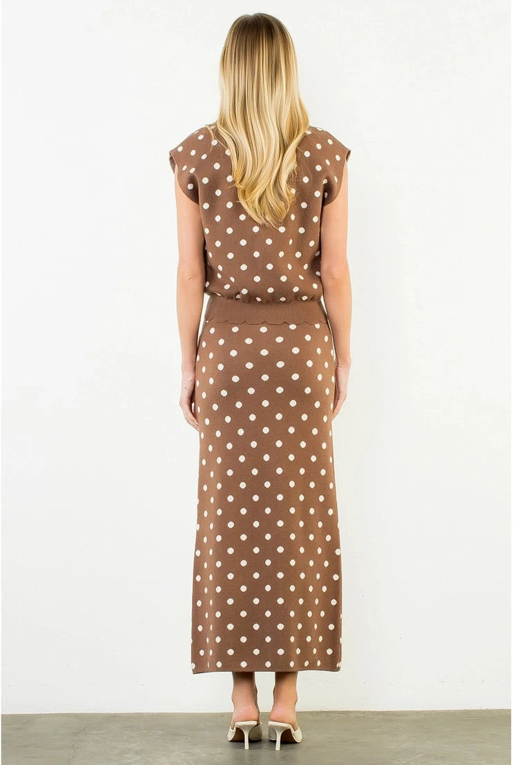Sleeveless Polka Dot Knit Top- Brown/White