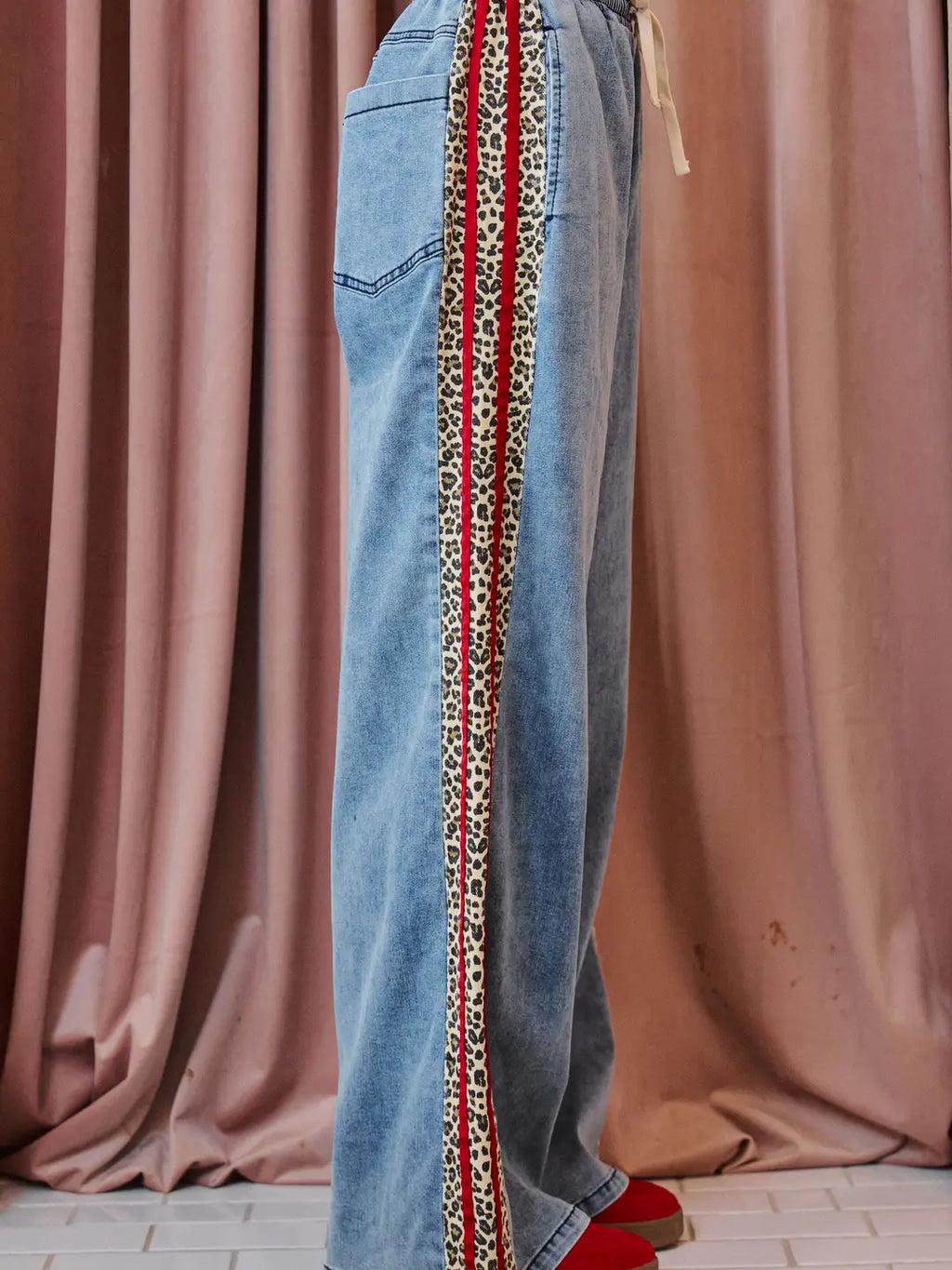 Leopard Stripe Denim Wide Leg Pants