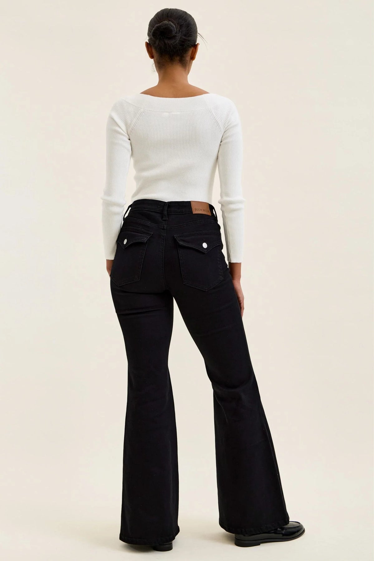 Low Rise Flare with Leopard Print Elastic Band- Black