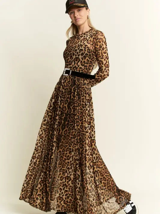 Animal Print Mesh Mock Maxi Dress- Mocha Brown