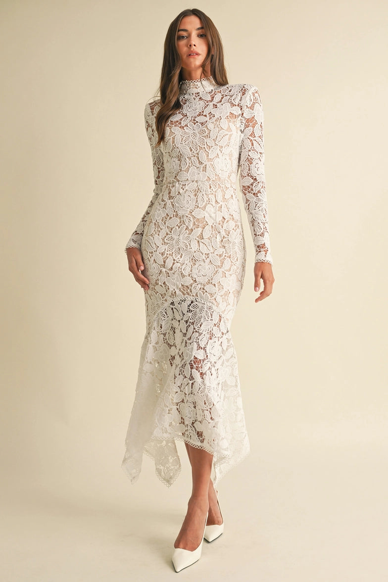 Floral Bridal Wedding Lace Midi Dress- White