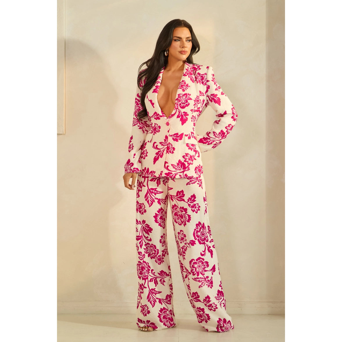 One Button Jacket & Pants Set- Magneta