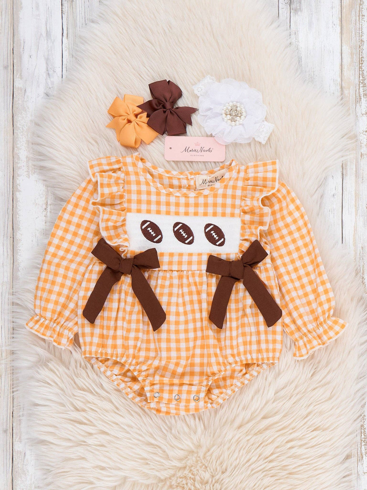 Football Gingham Bubble Romper- Orange/White