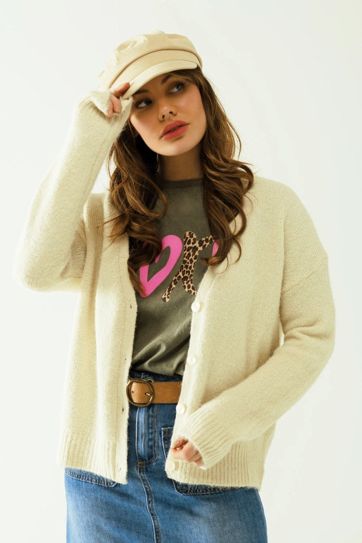 Long Sleeve Button Down Cardigan- Cream