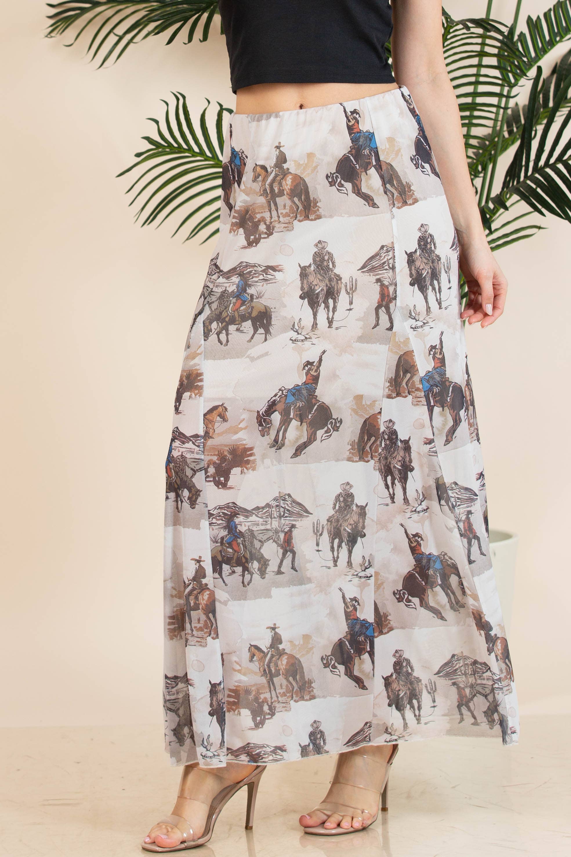 Cowboy Print Mesh Maxi Skirt
