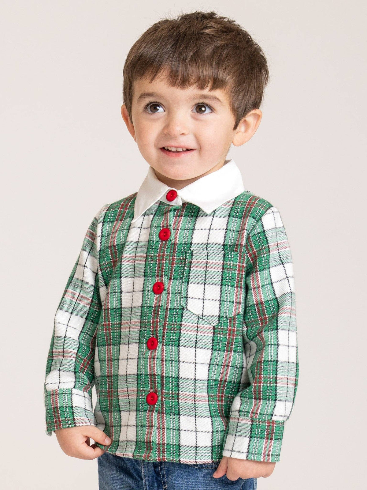 Christmas Plaid Button-Up Shirt- Green/White