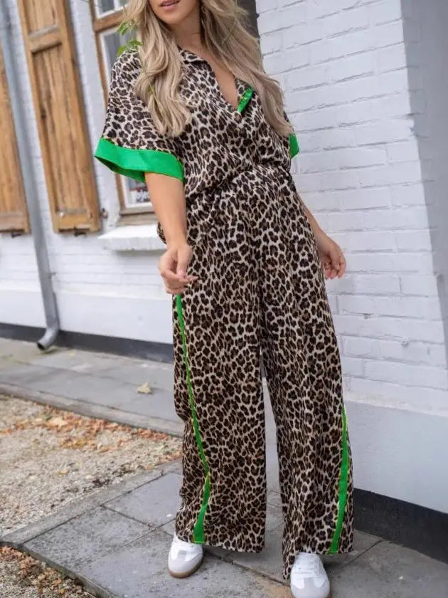 Leopard Print Contrast T-Shirt & Pants Set