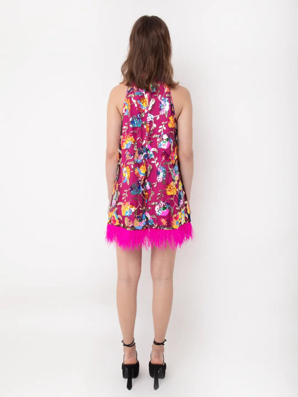 Floral Overlay Sleeveless Halter Dress- Pink