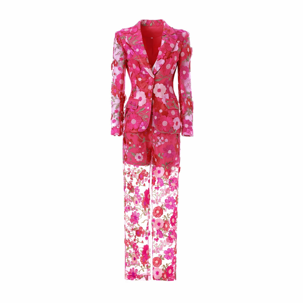 Floral Embroidered Suit Set- Fuchsia