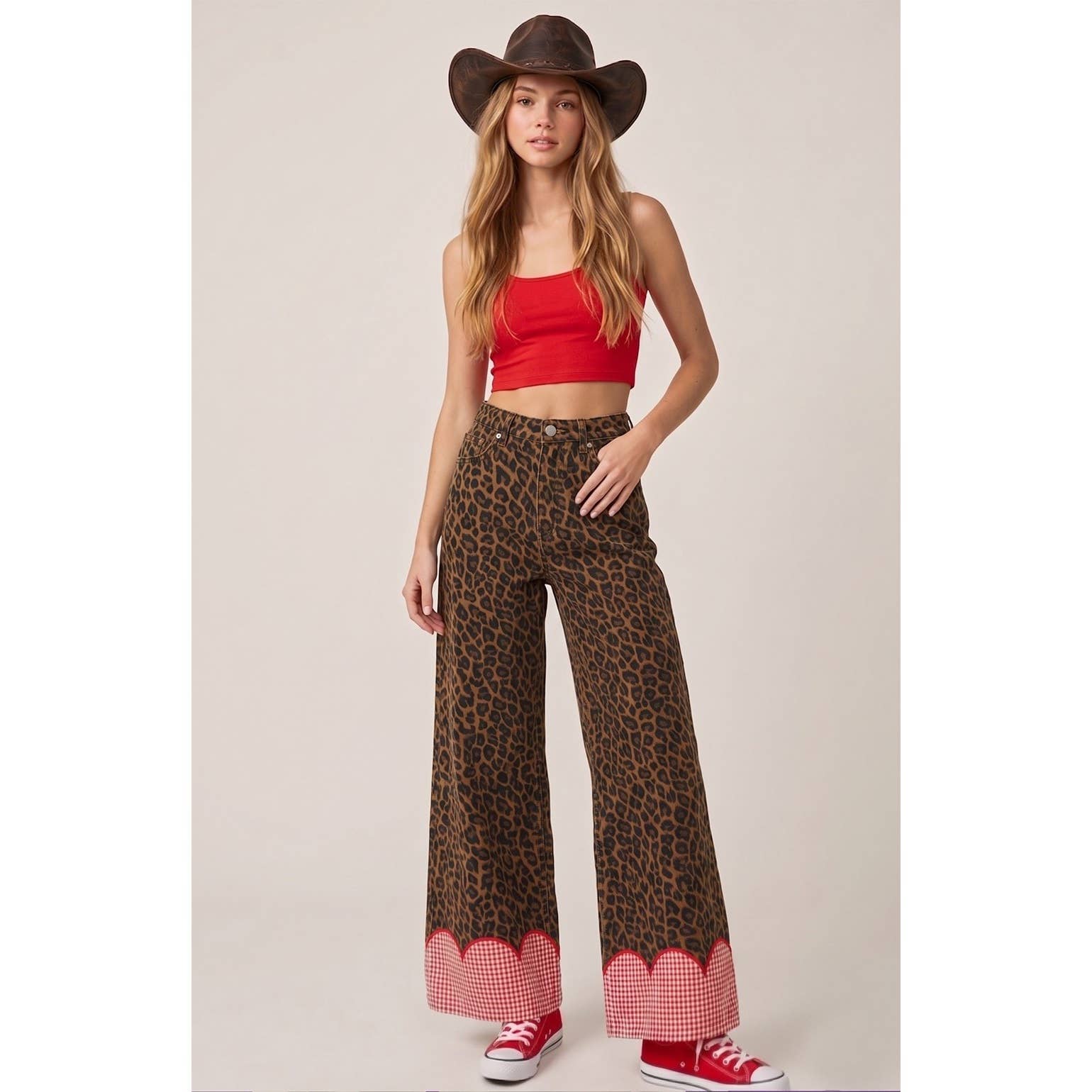 Cuff Wide Leg Leopard Denim Pants