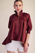 Mock Neck Half Zip Blouse- Burgundy