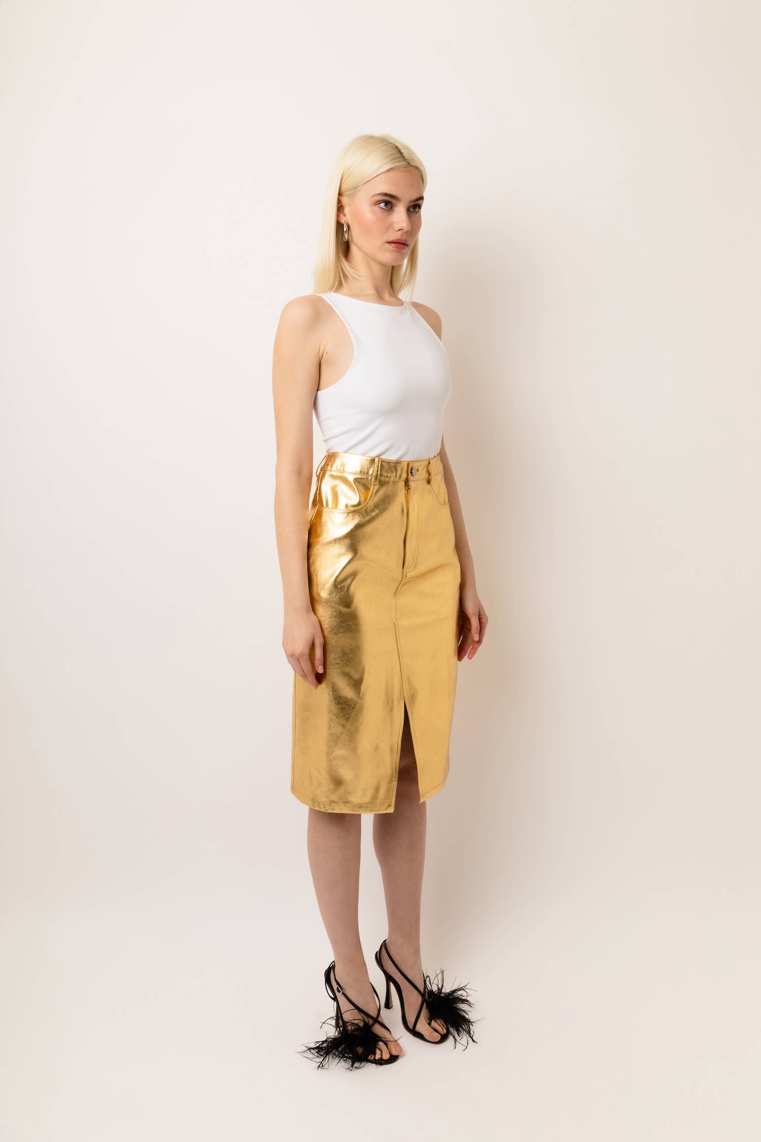 High Waist Metallic Knee Length Skirt