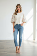 Sequins Bubble Slvs Rib Knit Fitted Top- Cream