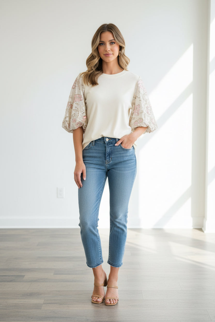 Sequins Bubble Slvs Rib Knit Fitted Top- Cream