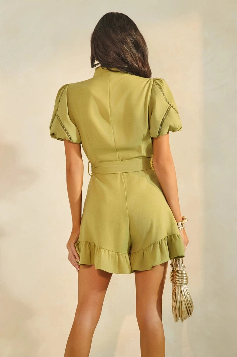 Puff Sleeve Romper- Olive