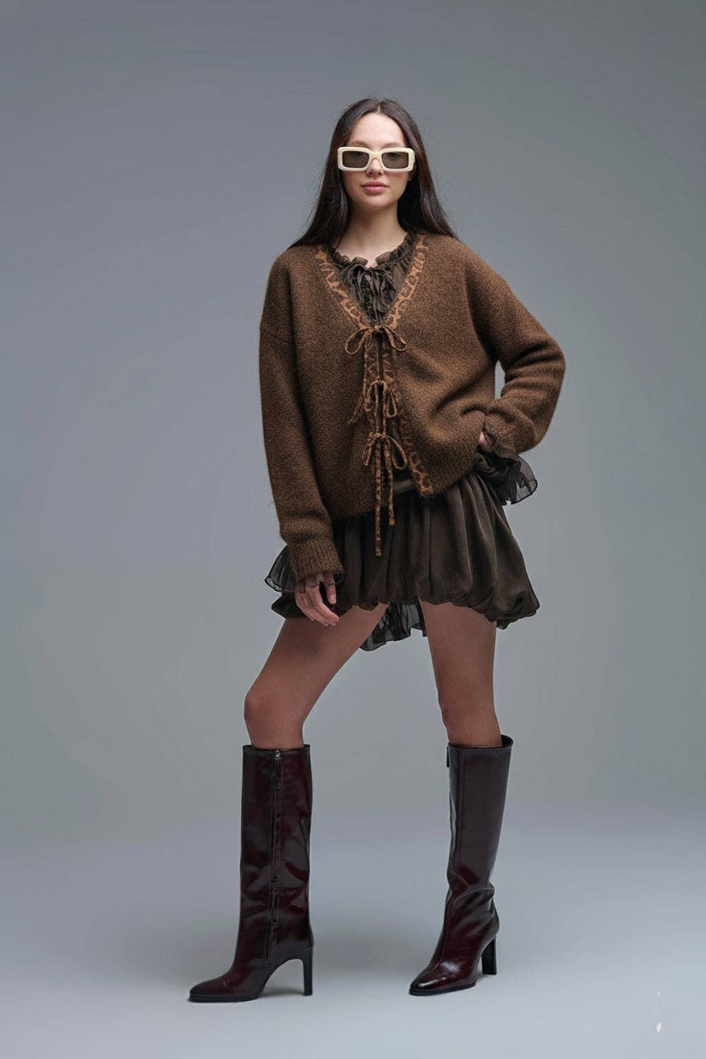 Knitted Cardigan with Leopard Embroidered Detail- Brown