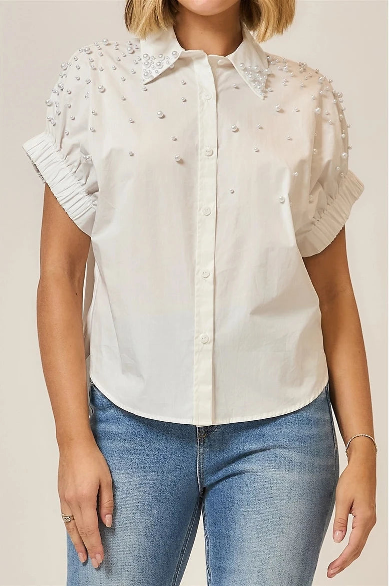 Plus Size Pearl Studded Sleeve Bottom Up Top- White