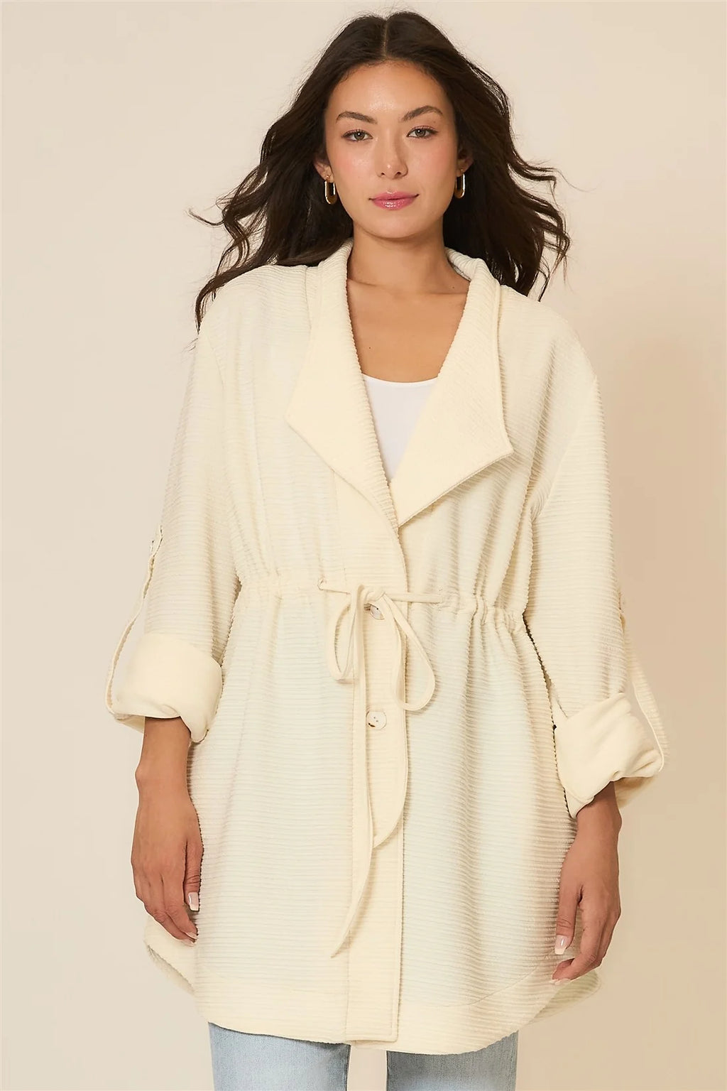 Crinkle Rib Textured Jacket- Cream