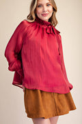 Ruffle Neck Adjustable Tie Long Sleeve Blouse- Burgundy