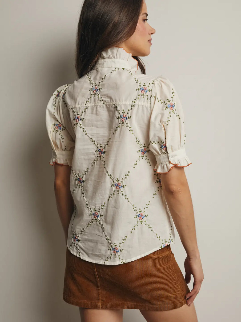 Embroidered Ruffle Collar Cotton Blouse